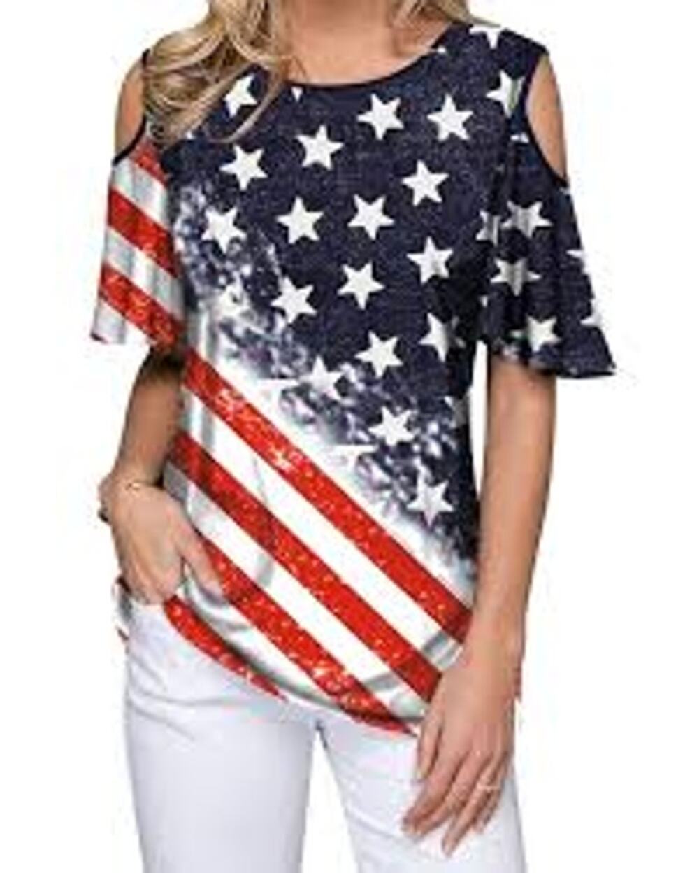 Unbranded American Flag USA Short Sleeve Cold Shoulder Blouse Women's